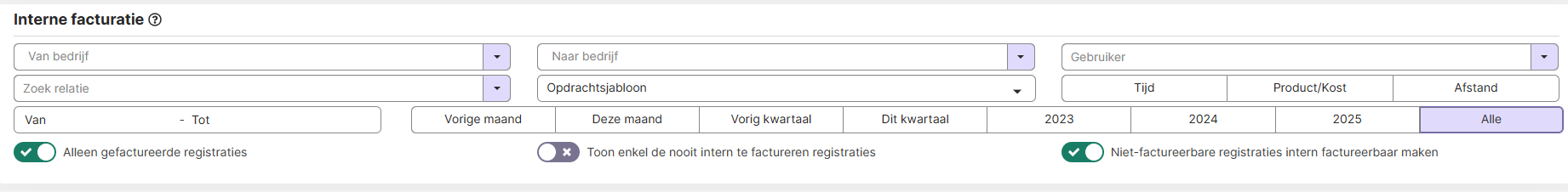 Schermvoorbeeld van interne facturatie met filters en overzichtslijnen