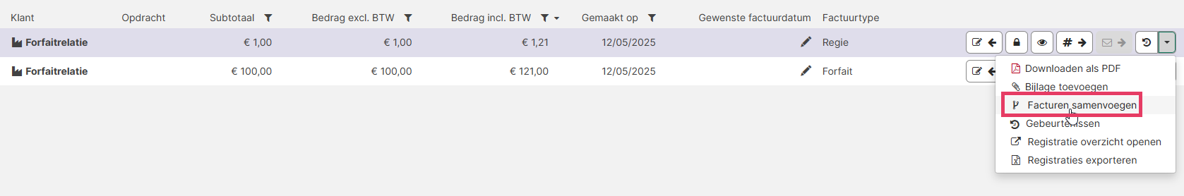 Facturen samenvoegen kiezen