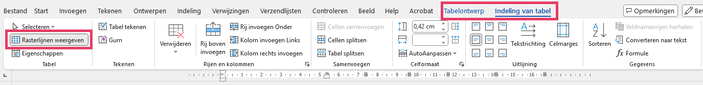 Tabelinstellingen in Word