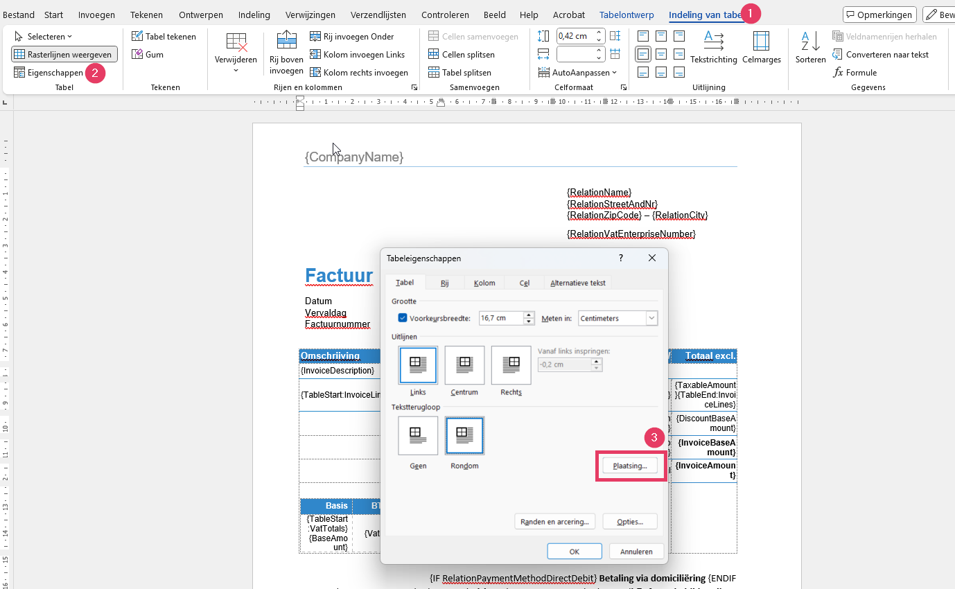 Tabelpositie instellen in Word