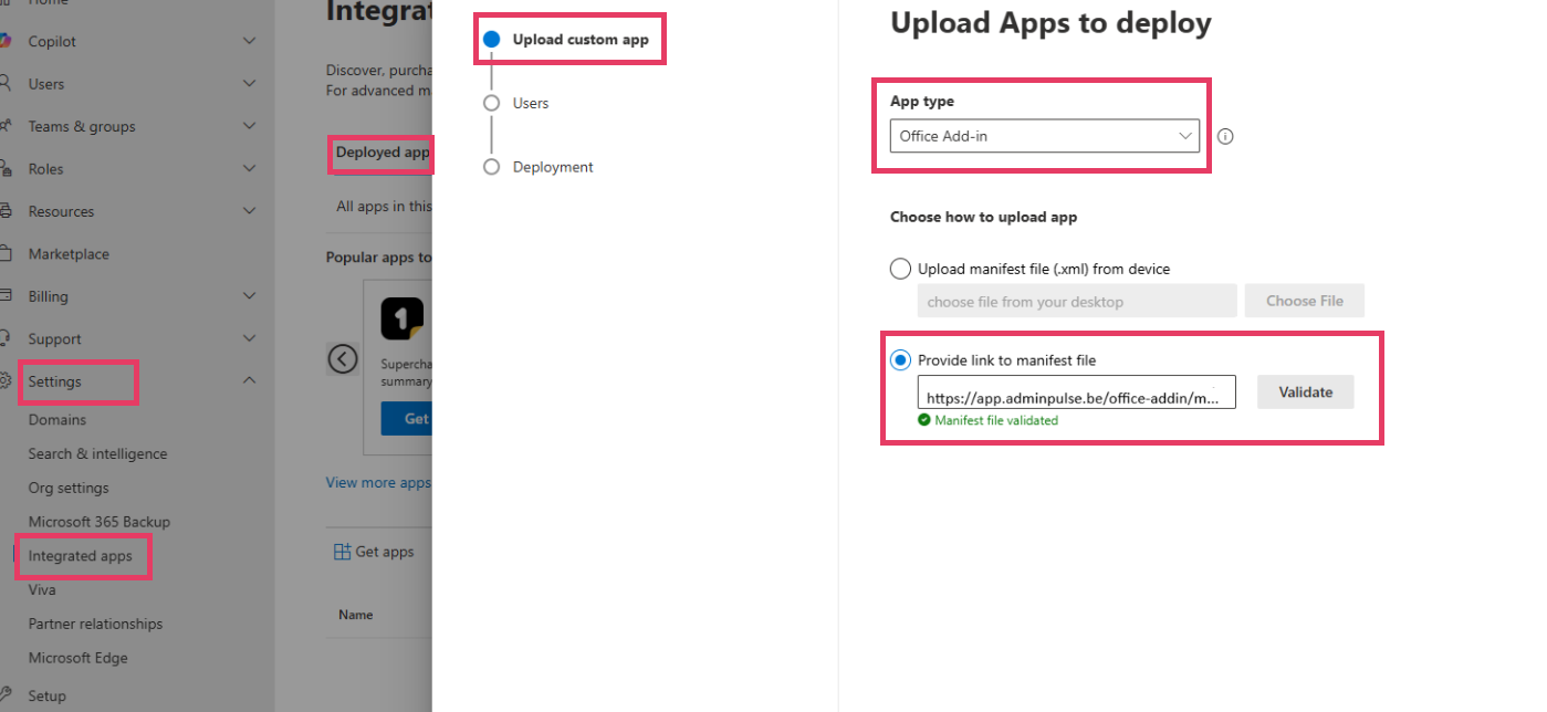 Microsoft 365 Admin Center — Deployed apps en custom Office Add-in uploaden