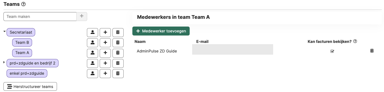 Overzicht van teams