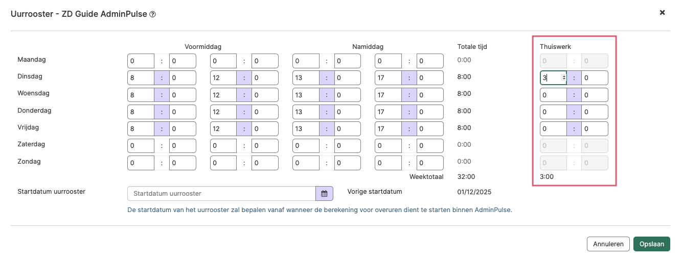 Uurrooster met thuiswerk-kolom