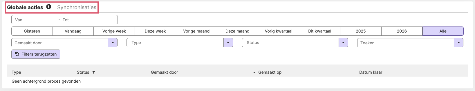 Scherm met tabblad Synchronisaties
