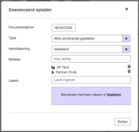 Geavanceerd opladen in het Documenten-scherm