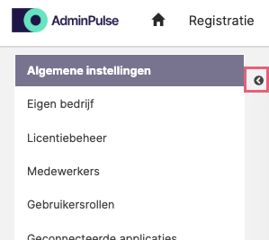 Linkermenu met beschikbare instellingen in AdminPulse