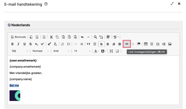 Screenshot van het link-icoon in de editor