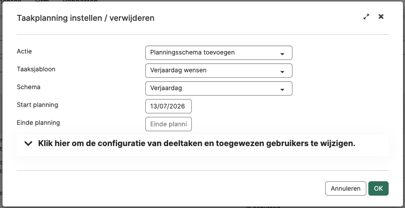 Taakplanning via een globale actie aan relaties toevoegen