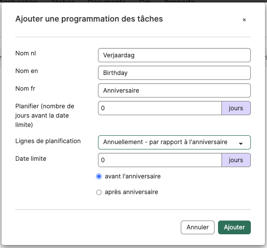 Calendrier des tâches basé sur la date de naissance