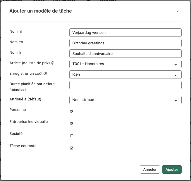 Ajouter le modèle de tâche Souhaits d’anniversaire
