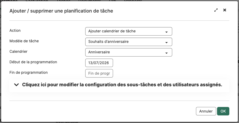 Ajouter la programmation de tâche aux relations via une action globale