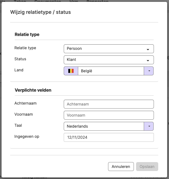 Venster waarin je het type relatie, de status en het land aanpast