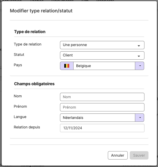 Fenêtre permettant de modifier le type de relation, le statut et le pays