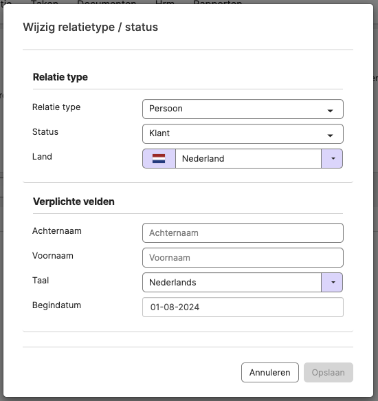 Venster waarin je het type relatie, de status en het land aanpast