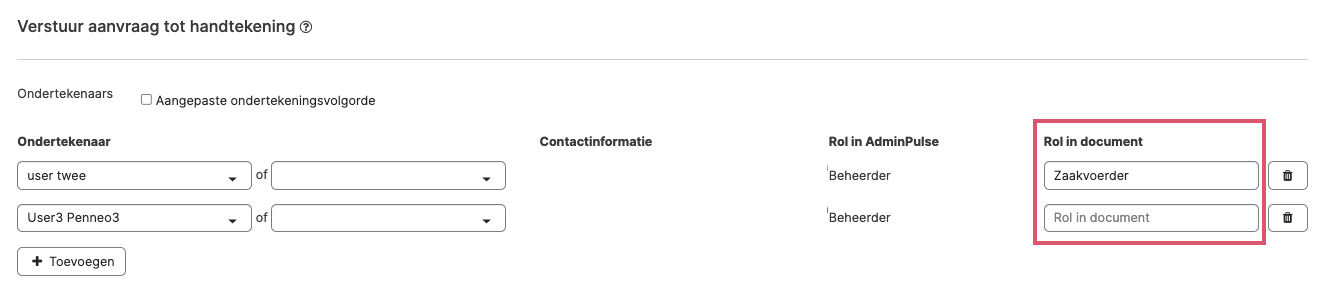 De kolommen Rol in AdminPulse en Rol in document bij een ondertekeningsaanvraag