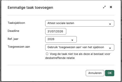 Globale actie Eenmalige taak toevoegen