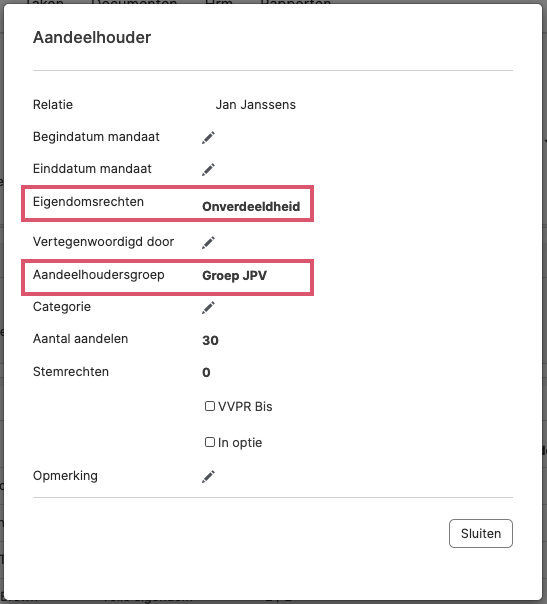 De velden Aantal aandelen, Aandeelhoudersgroep en Eigendomsrechten bij een aandeelhouder