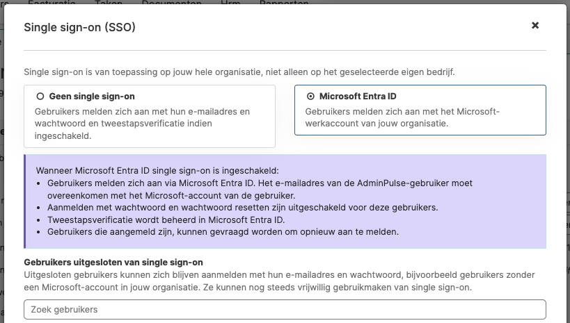 Single sign-on configuration window in AdminPulse