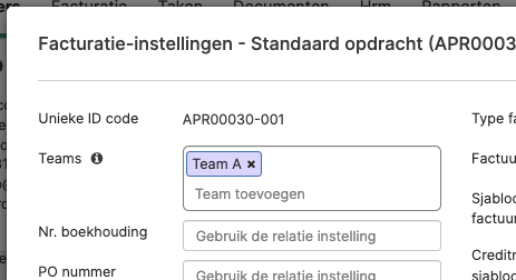 Het veld Teams in het venster Facturatie-instellingen van een opdracht
