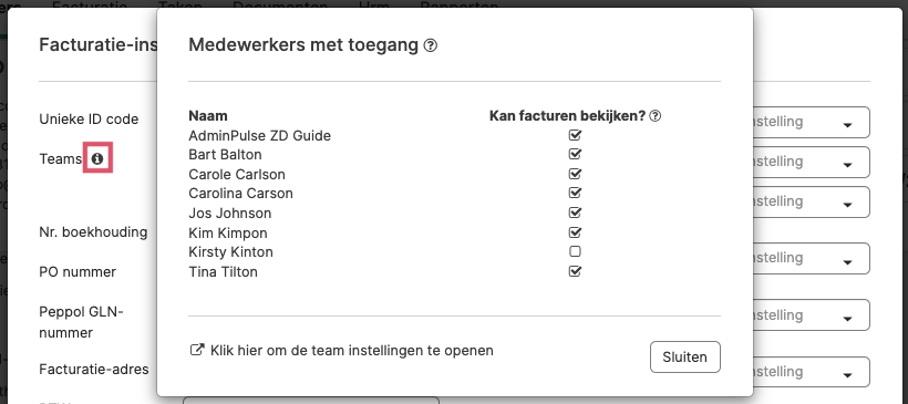 Het venster Medewerkers met toegang met de leden van de gekozen teams