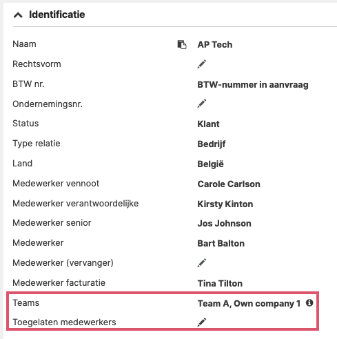 De teams van een relatie en de teams van een opdracht naast elkaar