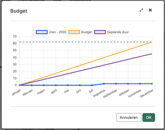 Grafiek met geregistreerde uren, het budget en de geplande duur