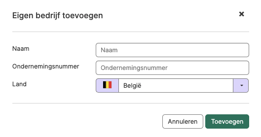 Het venster Eigen bedrijf toevoegen met de velden Naam, Ondernemingsnummer en Land