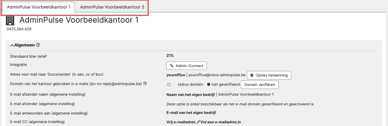 Tabbladen per eigen bedrijf en wereldbol-iconen in Algemene instellingen