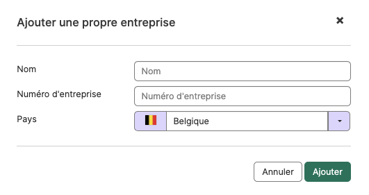 La fenêtre Ajouter une propre entreprise avec les champs Nom, Numéro d'entreprise et Pays