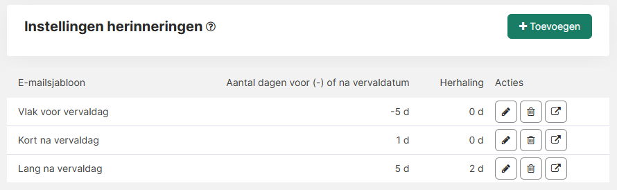 Voorbeeld van herinneringsmomenten: 5 dagen vóór, 1 dag na en 5 dagen na de vervaldatum, met een herhaling om de 2 dagen.