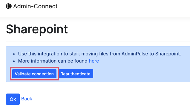 Knoppen Validate connection en Reauthenticate in Admin-Connect